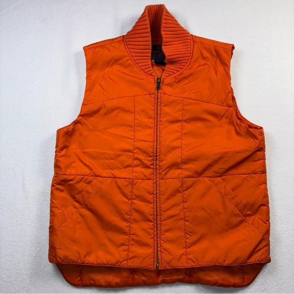 Ralph Lauren Women’s Orange Quilted Puffer Vest Small Ribbed Collar Full Zip